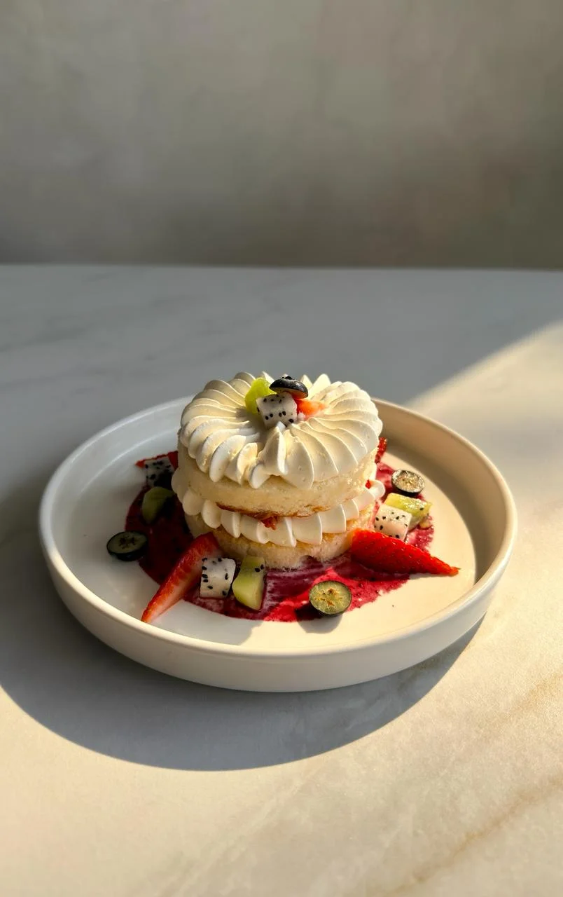 Fruit Cake Slice at Cafe OneTen — golden sponge with fresh fruits and vanilla cream