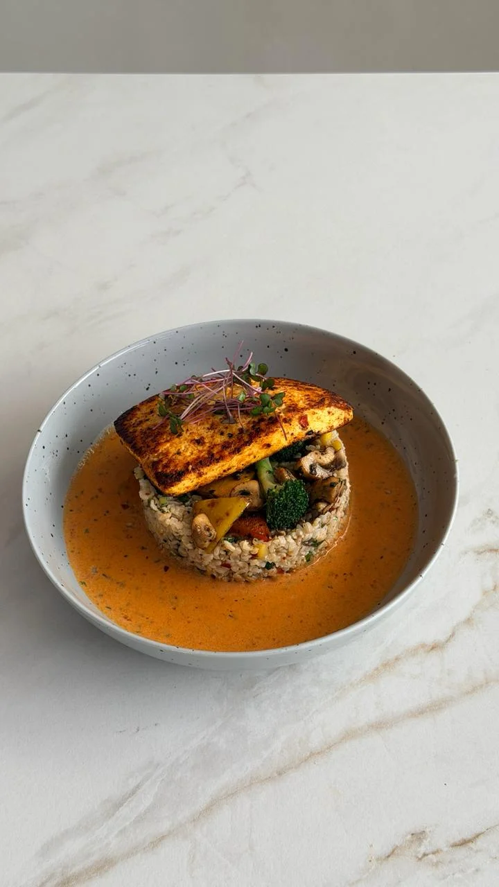 Peri Peri Paneer Rice Bowl at Cafe OneTen — brown rice, spicy bean gravy, stir fry