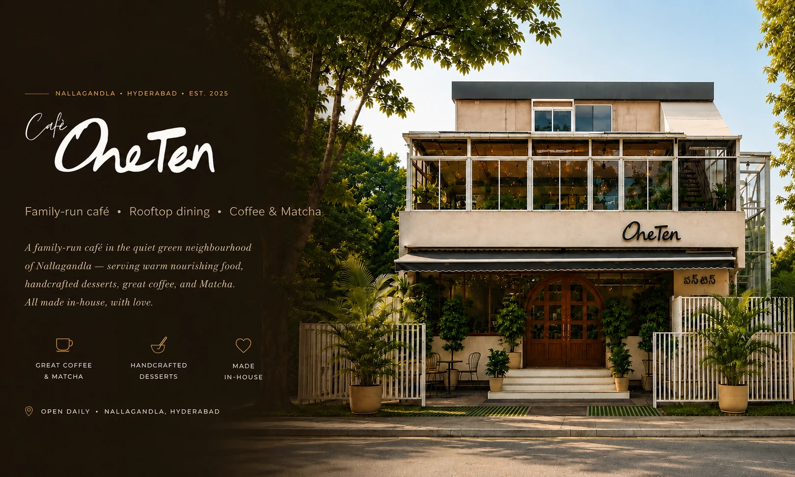 Cafe OneTen — family-run café, rooftop dining, coffee and matcha in Nallagandla, Hyderabad